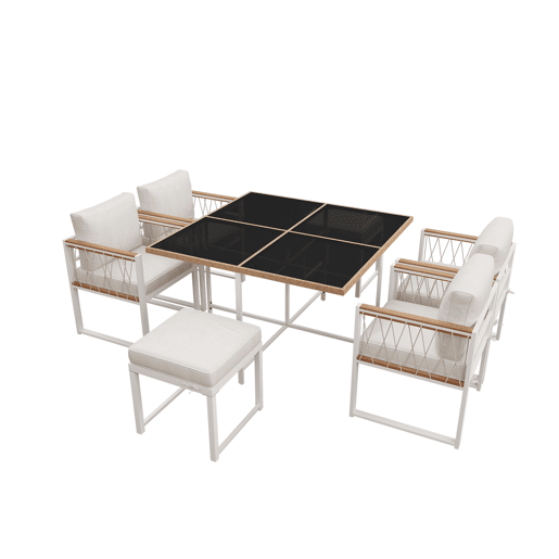 Conjunto de sala de jantar exterior de 7 peças - Mesa de vidro temperado com rebordo em rattan PE, tampo em acácia, para 6 pessoas - Natural+Branco