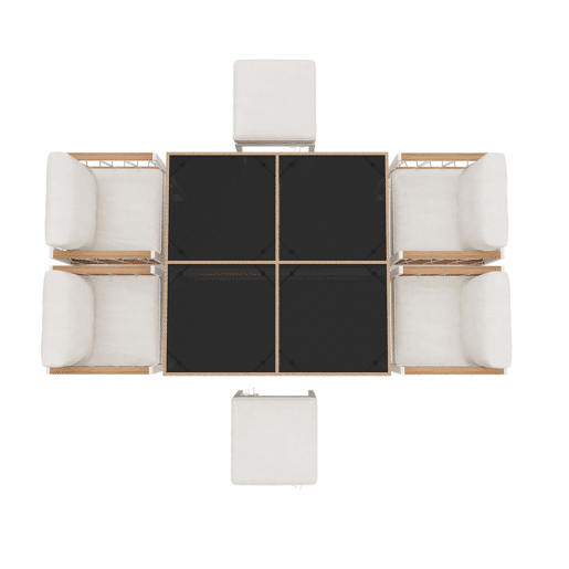Conjunto de sala de jantar exterior de 7 peças - Mesa de vidro temperado com rebordo em rattan PE, tampo em acácia, para 6 pessoas - Natural+Branco