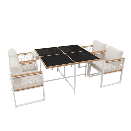 Conjunto de sala de jantar exterior de 7 peças - Mesa de vidro temperado com rebordo em rattan PE, tampo em acácia, para 6 pessoas - Natural+Branco