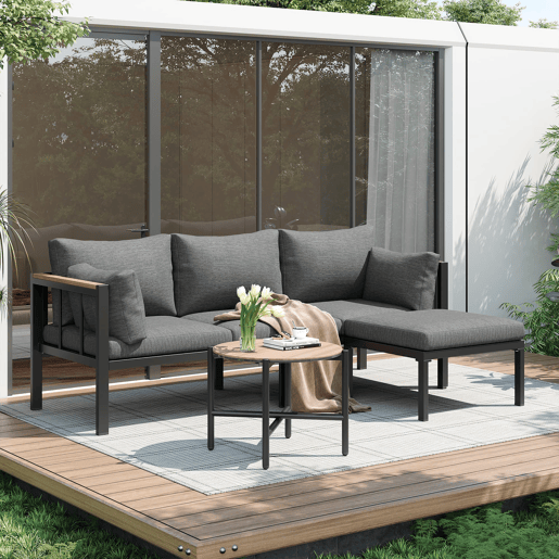 Conjunto de móveis de jardim 4 peças - Sofá + Mesa de centro + Pufe - Aço galvanizado - Cinza