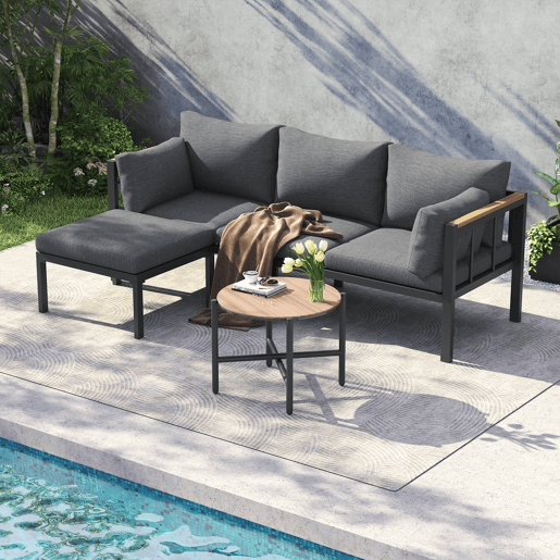 Conjunto de móveis de jardim 4 peças - Sofá + Mesa de centro + Pufe - Aço galvanizado - Cinza