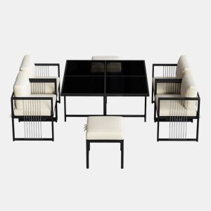 Conjunto de mesa e cadeiras para exteriores 7 peças - Mesa de vidro temperado - para 6 pessoas - Preto e Branco