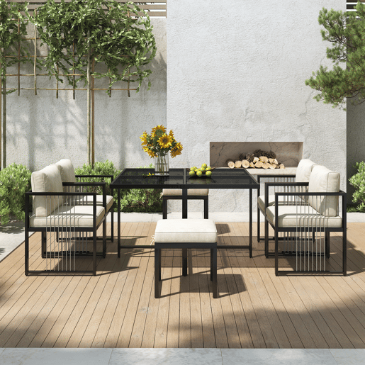 Conjunto de mesa e cadeiras para exteriores 7 peças - Mesa de vidro temperado - para 6 pessoas - Preto e Branco