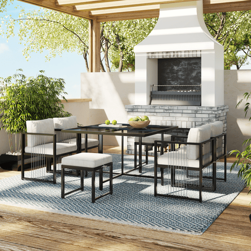 Conjunto de mesa e cadeiras para exteriores 7 peças - Mesa de vidro temperado - para 6 pessoas - Preto e Branco