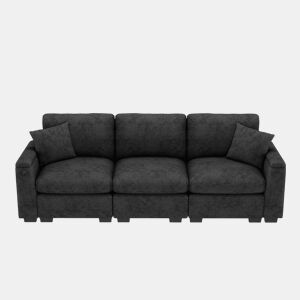 Sofá de 3 lugares em chenille - Com almofadas, mesa dobrável, porta USB, porta-copos, arrumação - Cinza