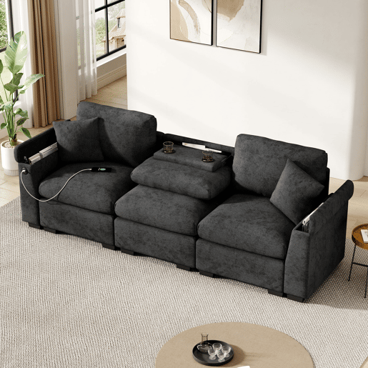Sofá de 3 lugares em chenille - Com almofadas, mesa dobrável, porta USB, porta-copos, arrumação - Cinza