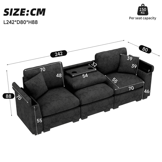 Sofá de 3 lugares em chenille - Com almofadas, mesa dobrável, porta USB, porta-copos, arrumação - Cinza