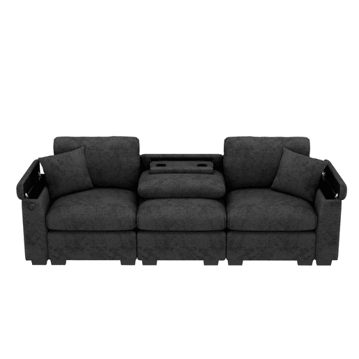 Sofá de 3 lugares em chenille - Com almofadas, mesa dobrável, porta USB, porta-copos, arrumação - Cinza