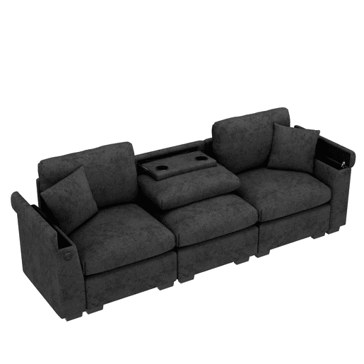 Sofá de 3 lugares em chenille - Com almofadas, mesa dobrável, porta USB, porta-copos, arrumação - Cinza
