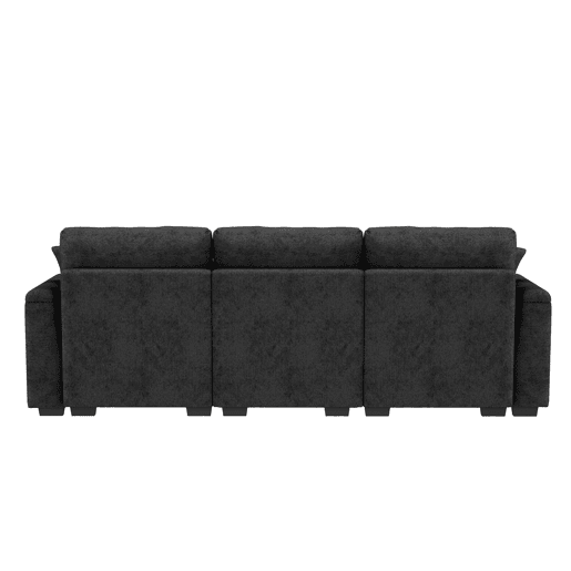 Sofá de 3 lugares em chenille - Com almofadas, mesa dobrável, porta USB, porta-copos, arrumação - Cinza