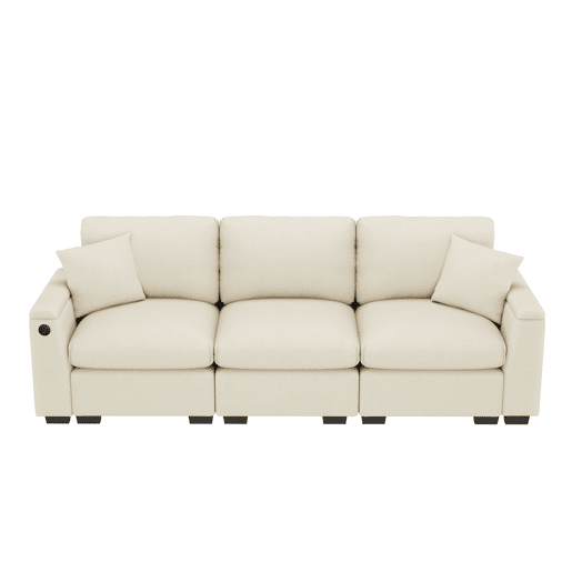 Sofá de 3 lugares em chenille - Com almofadas, mesa rebatível, porta USB, porta-copos e arrumação - Bege