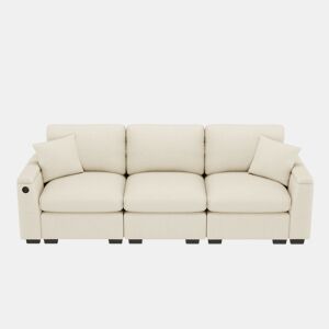 Sofá de 3 lugares em chenille - Com almofadas, mesa rebatível, porta USB, porta-copos e arrumação - Bege
