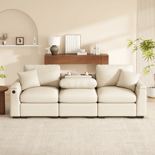 Sofá de 3 lugares em chenille - Com almofadas, mesa rebatível, porta USB, porta-copos e arrumação - Bege