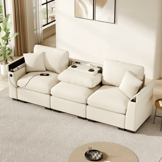 Sofá de 3 lugares em chenille - Com almofadas, mesa rebatível, porta USB, porta-copos e arrumação - Bege