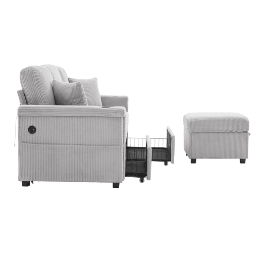 Sofá de veludo de 4 lugares - Com LED, porta USB, apoio para os pés com arrumação - Cinza claro