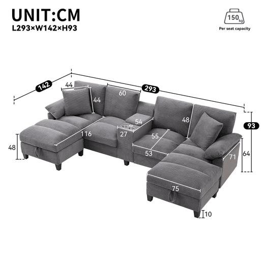 Sofá em forma de U para 4 pessoas - Com arrumação, almofadas, porta-copos em aço inoxidável, 2 portas USB - Cinza