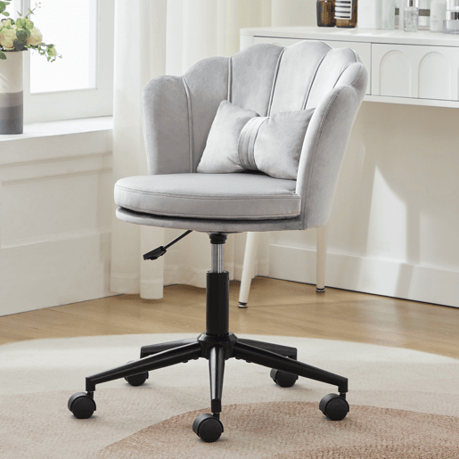 Cadeira para vestir - Design moderno - Encosto em forma de pétalas, almofada lombar em forma de borboleta, altura ajustável, almofada macia - Cinza