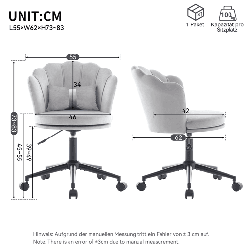 Cadeira para vestir - Design moderno - Encosto em forma de pétalas, almofada lombar em forma de borboleta, altura ajustável, almofada macia - Cinza