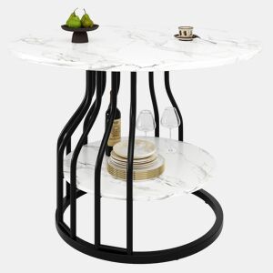 Mesa redonda 80x80 cm - Mesa de jantar com arrumação - MDF mármore, pernas pretas