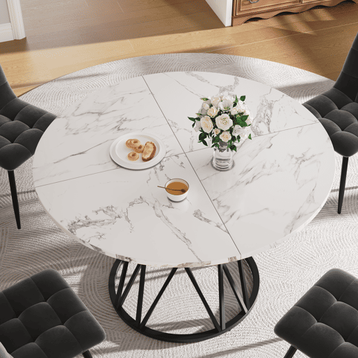 Mesa redonda 100x100 cm - Mesa de jantar, mesa de centro para 4 pessoas, pernas de metal, tampo em MDF mármore - Preto