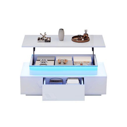 Mesa de centro 96x45x40 cm - Elevável com arrumação e LED - Branco Mesa de centro 96x45x40 cm - Elevável com arrumação e LED - Branco