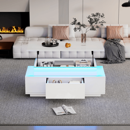 Mesa de centro 96x45x40 cm - Elevável com arrumação e LED - Branco Mesa de centro 96x45x40 cm - Elevável com arrumação e LED - Branco