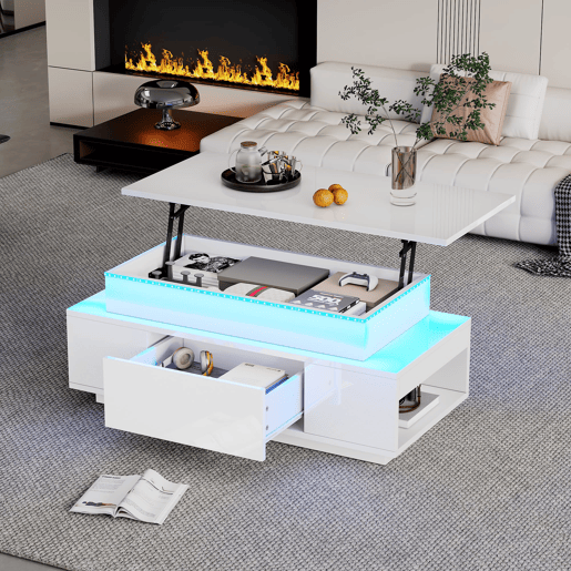 Mesa de centro 96x45x40 cm - Elevável com arrumação e LED - Branco Mesa de centro 96x45x40 cm - Elevável com arrumação e LED - Branco