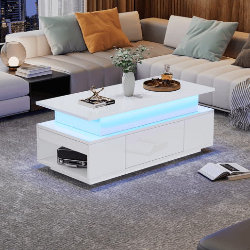 Mesa de centro 96x45x40 cm - Elevável com arrumação e LED - Branco Mesa de centro 96x45x40 cm - Elevável com arrumação e LED - Branco