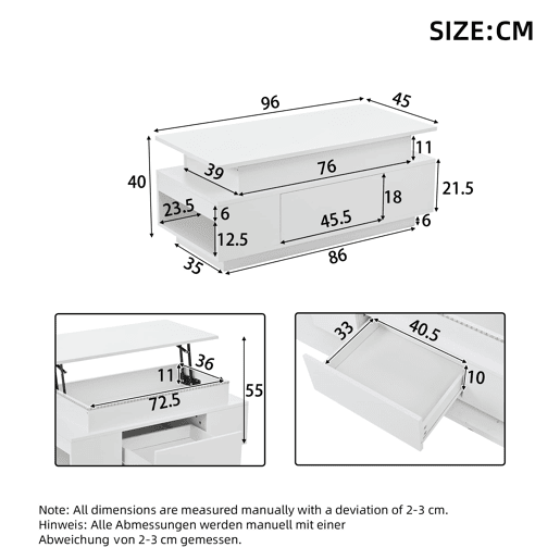 Mesa de centro 96x45x40 cm - Elevável com arrumação e LED - Branco Mesa de centro 96x45x40 cm - Elevável com arrumação e LED - Branco