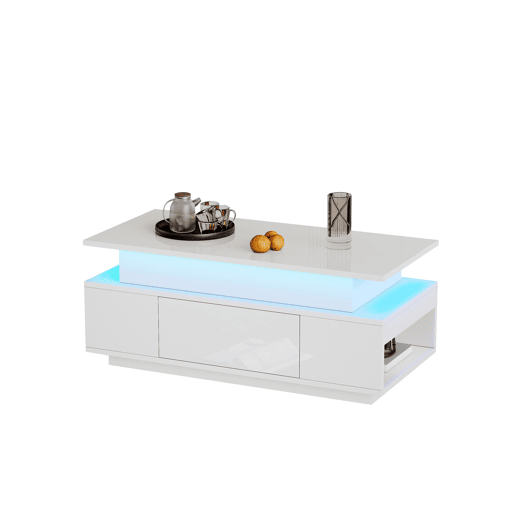 Mesa de centro 96x45x40 cm - Elevável com arrumação e LED - Branco Mesa de centro 96x45x40 cm - Elevável com arrumação e LED - Branco