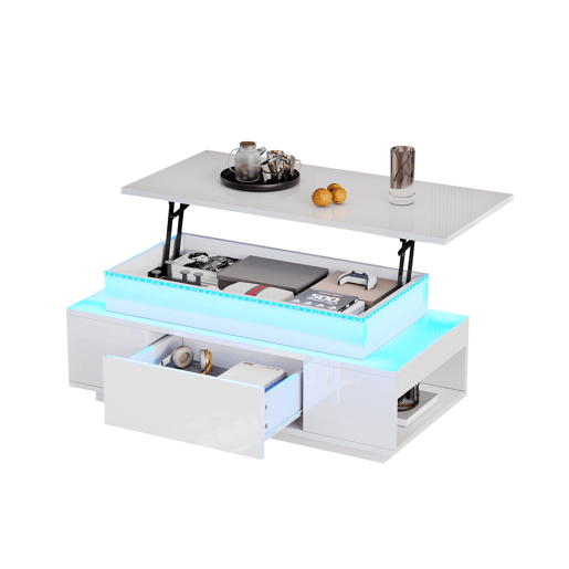 Mesa de centro 96x45x40 cm - Elevável com arrumação e LED - Branco Mesa de centro 96x45x40 cm - Elevável com arrumação e LED - Branco