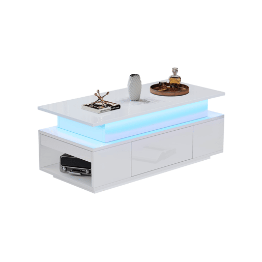 Mesa de centro 96x45x40 cm - Elevável com arrumação e LED - Branco Mesa de centro 96x45x40 cm - Elevável com arrumação e LED - Branco