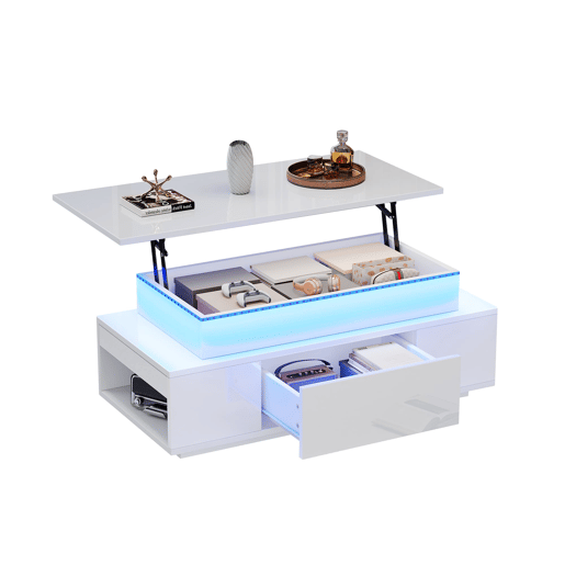 Mesa de centro 96x45x40 cm - Elevável com arrumação e LED - Branco Mesa de centro 96x45x40 cm - Elevável com arrumação e LED - Branco