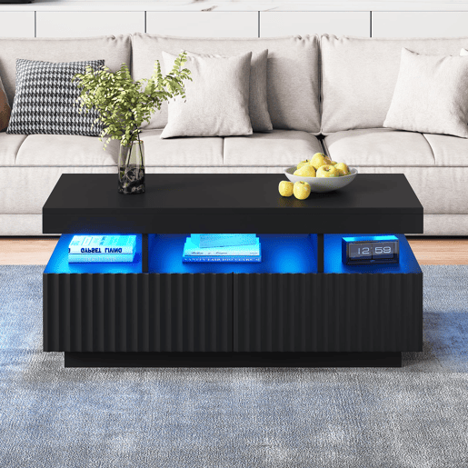 Mesa de centro 100x50x45 cm - 2 gavetas, superfĂcie estriada, LED, moderna - Preto Mesa de centro 100x50x45 cm - 2 gavetas, superfĂcie estriada, LED, moderna - Preto
