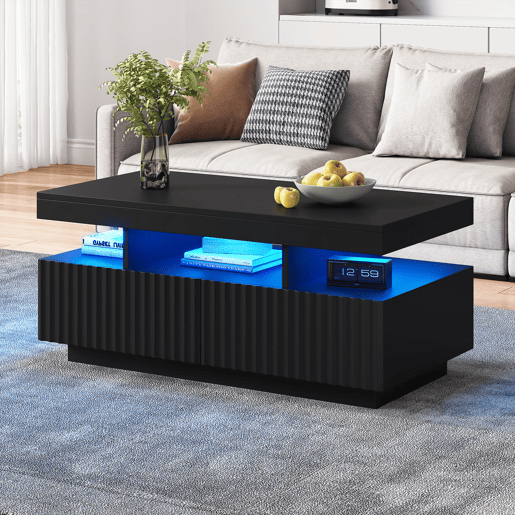 Mesa de centro 100x50x45 cm - 2 gavetas, superfĂcie estriada, LED, moderna - Preto Mesa de centro 100x50x45 cm - 2 gavetas, superfĂcie estriada, LED, moderna - Preto