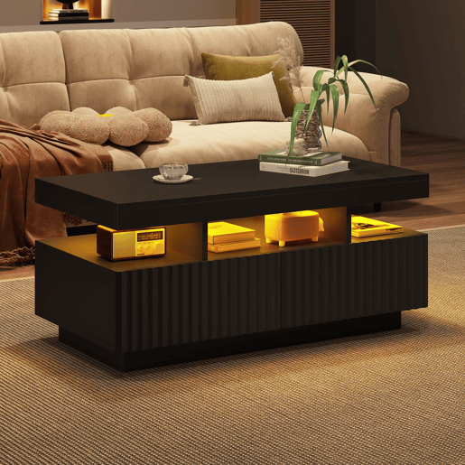 Mesa de centro 100x50x45 cm - 2 gavetas, superfĂcie estriada, LED, moderna - Preto Mesa de centro 100x50x45 cm - 2 gavetas, superfĂcie estriada, LED, moderna - Preto