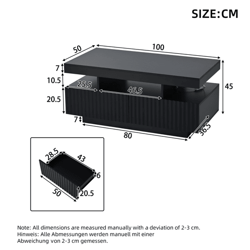 Mesa de centro 100x50x45 cm - 2 gavetas, superfĂcie estriada, LED, moderna - Preto Mesa de centro 100x50x45 cm - 2 gavetas, superfĂcie estriada, LED, moderna - Preto