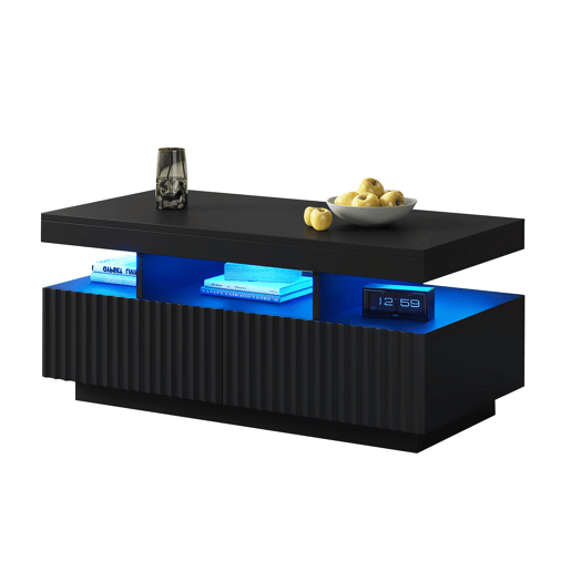 Mesa de centro 100x50x45 cm - 2 gavetas, superfĂcie estriada, LED, moderna - Preto Mesa de centro 100x50x45 cm - 2 gavetas, superfĂcie estriada, LED, moderna - Preto