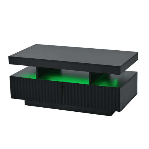 Mesa de centro 100x50x45 cm - 2 gavetas, superfĂcie estriada, LED, moderna - Preto Mesa de centro 100x50x45 cm - 2 gavetas, superfĂcie estriada, LED, moderna - Preto