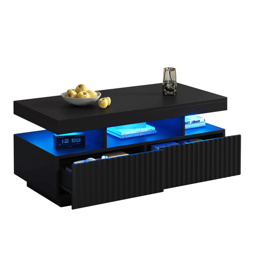 Mesa de centro 100x50x45 cm - 2 gavetas, superfĂcie estriada, LED, moderna - Preto Mesa de centro 100x50x45 cm - 2 gavetas, superfĂcie estriada, LED, moderna - Preto