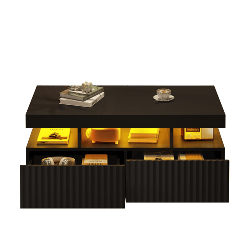 Mesa de centro 100x50x45 cm - 2 gavetas, superfĂcie estriada, LED, moderna - Preto Mesa de centro 100x50x45 cm - 2 gavetas, superfĂcie estriada, LED, moderna - Preto