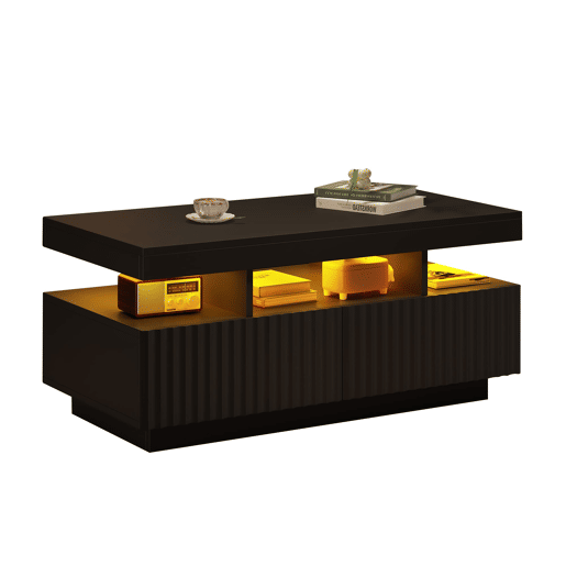Mesa de centro 100x50x45 cm - 2 gavetas, superfĂcie estriada, LED, moderna - Preto Mesa de centro 100x50x45 cm - 2 gavetas, superfĂcie estriada, LED, moderna - Preto