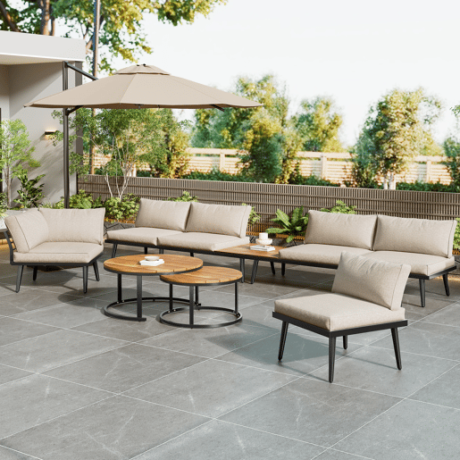 Conjunto de cadeiras de jardim 6 peças - Móveis de jardim, 2 sofás de 2 lugares, 2 cadeiras individuais, 2 mesas - Bege