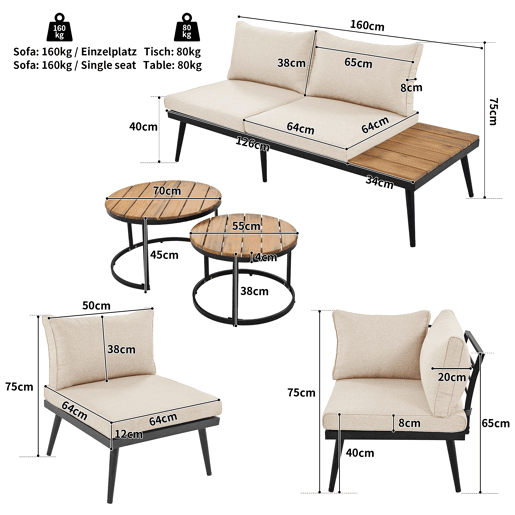 Conjunto de cadeiras de jardim 6 peças - Móveis de jardim, 2 sofás de 2 lugares, 2 cadeiras individuais, 2 mesas - Bege