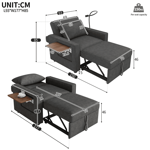Sofá-cama multifuncional de 1 lugar - com porta USB, suporte para telemóvel, compacto, cinzento
