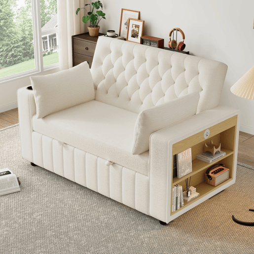 Sofá-cama multifuncional de 2 lugares - com arrumação, porta-copos, porta USB, almofadas - Bege