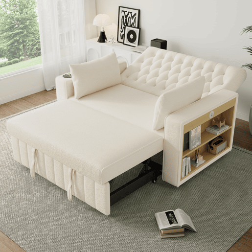 Sofá-cama multifuncional de 2 lugares - com arrumação, porta-copos, porta USB, almofadas - Bege