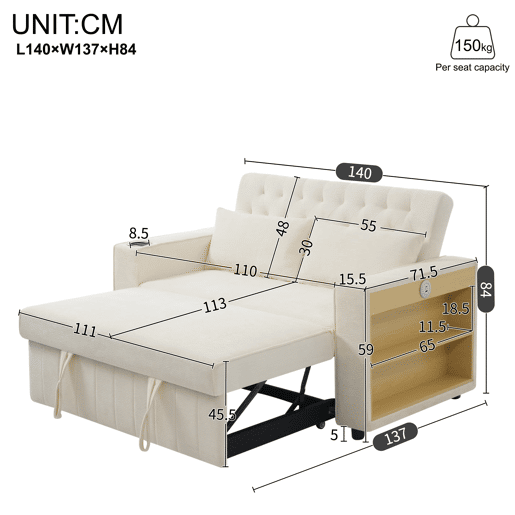 Sofá-cama multifuncional de 2 lugares - com arrumação, porta-copos, porta USB, almofadas - Bege