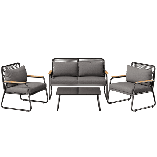 Conjunto de lounge de jardim para 4 pessoas - Estrutura metálica, mesa de vidro temperado, almofadas incluídas - Preto