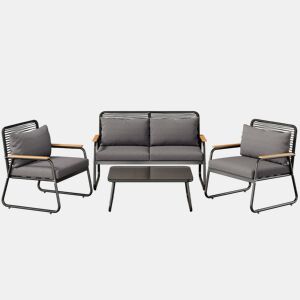 Conjunto de lounge de jardim para 4 pessoas - Estrutura metálica, mesa de vidro temperado, almofadas incluídas - Preto